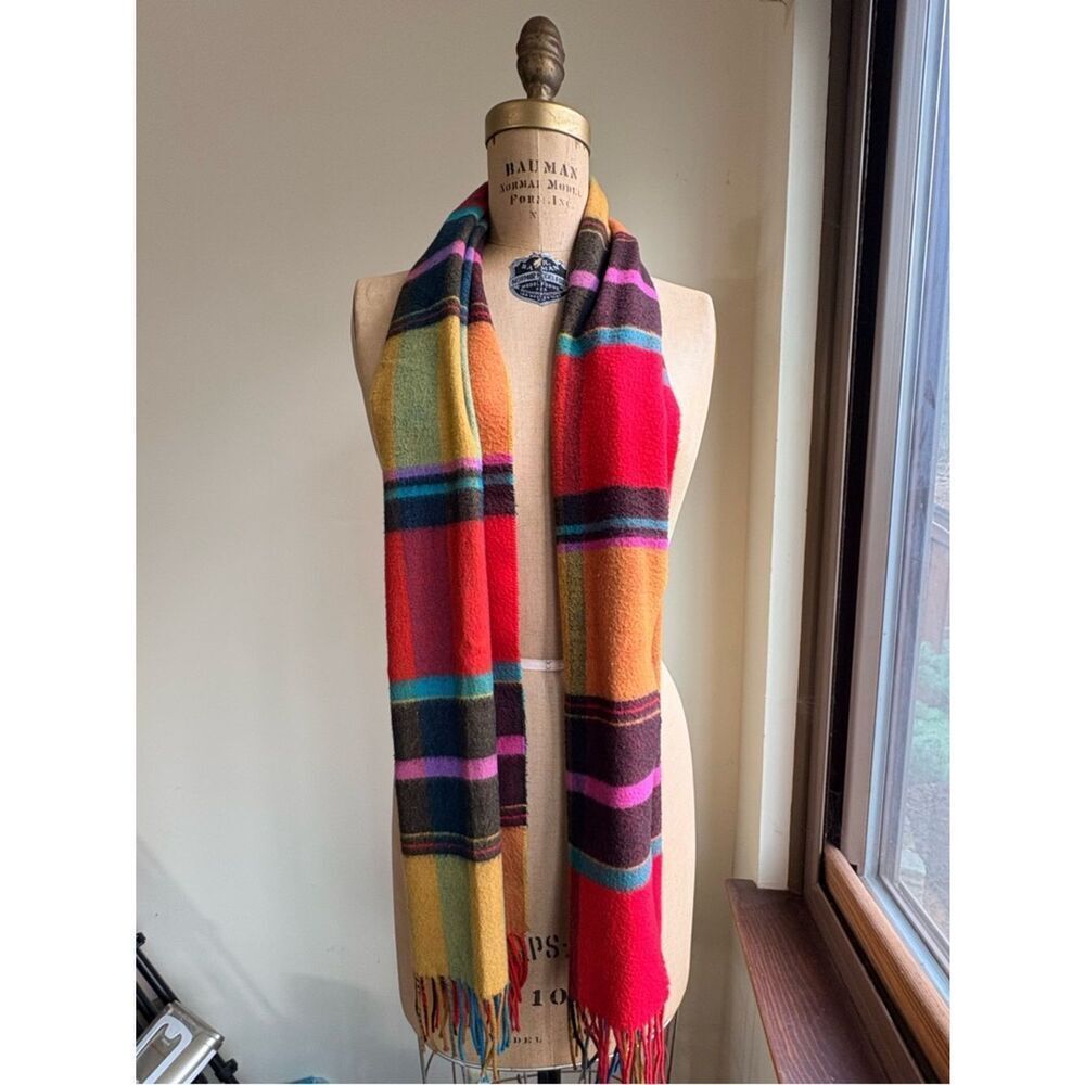 Bright Plaid Fringe Scarf Multicolor Tartan 15”x64”